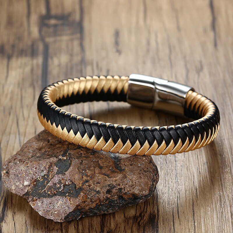 ZORCVENS 12mm Braided Leather Men's Bracelet Magnet Clasp Casual Male Woven Wrap Retro Bangle Stainless Steel Gents Wristband