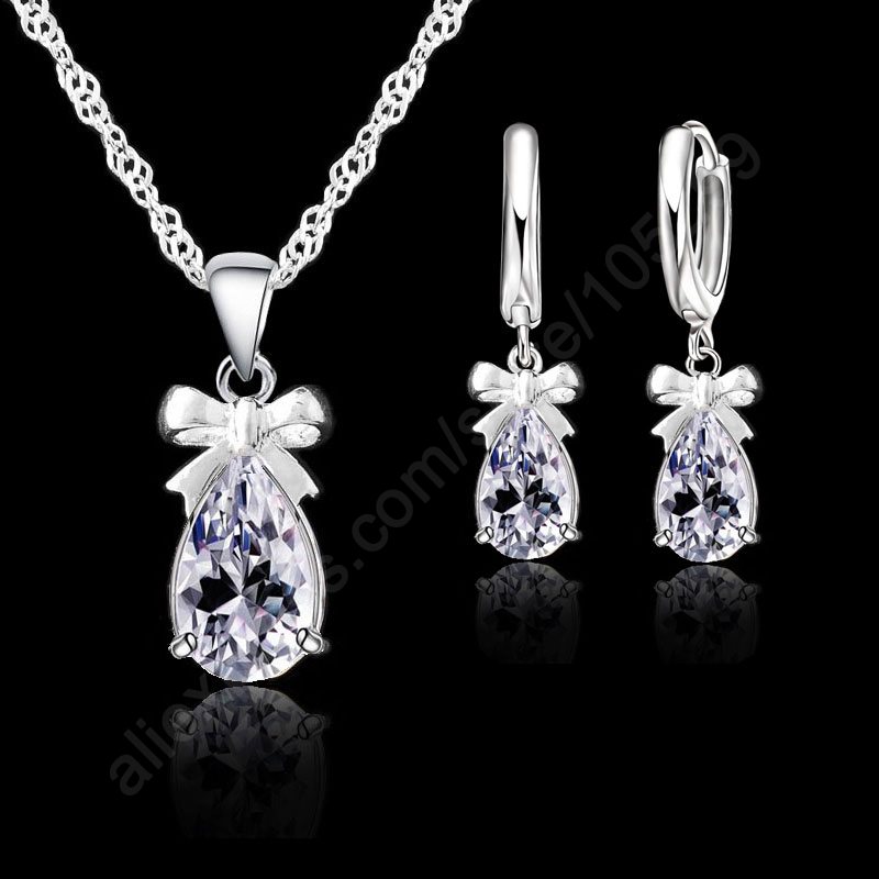 Dingle øreringe vedhæng halskæde kvinde smykker sæt sæt 925 sterling sølv realsølv med hvid sten cubic zirconia