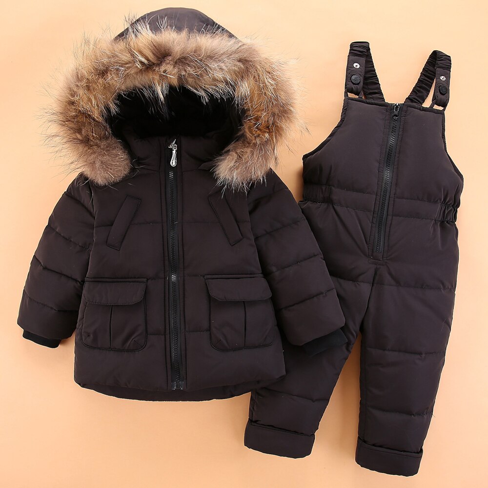 Kinderen 2-4Y Winter Witte Eendendons Kleding Sets Baby Meisje Overalls Ski Sneeuw Pak Voor Jongens Kids Natuur Bont jas + Broek: Black / 4T