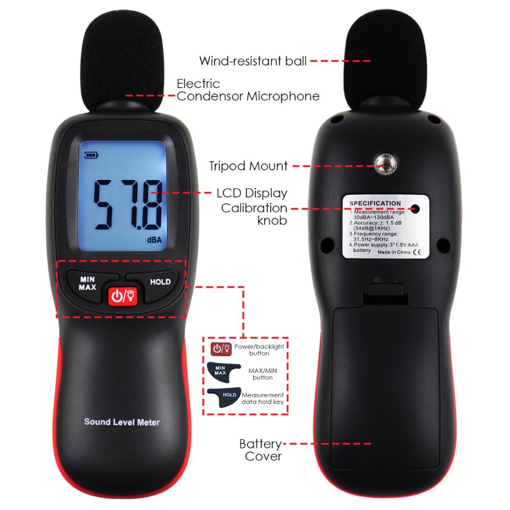 Decibel Meter Sound Level Tester 30~130dBA Noise Volume Measuring and Monitoring Instrument Digital LCD display w/ Backlight