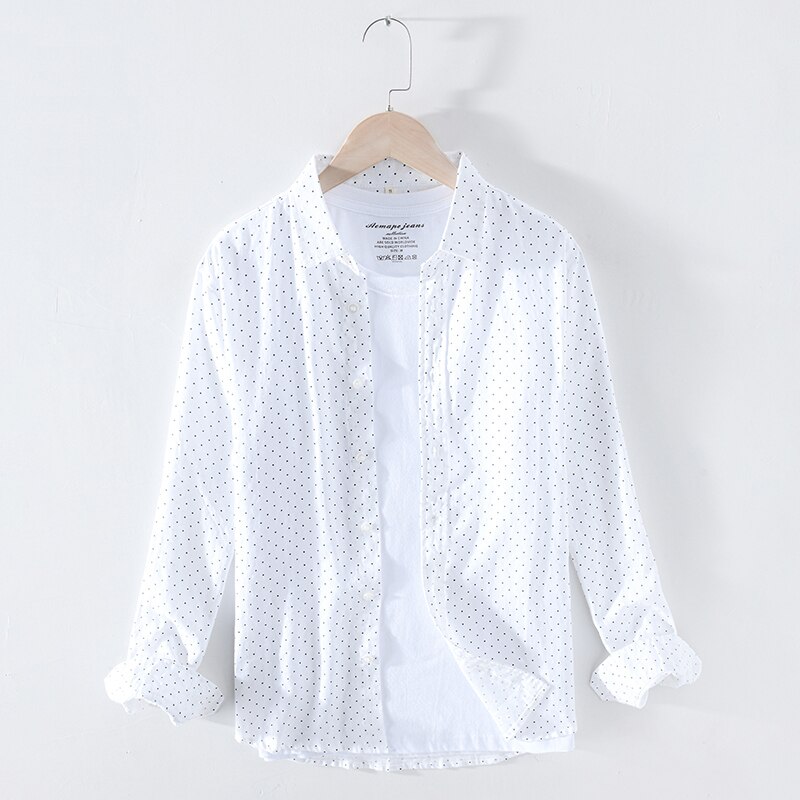 Camisas de primavera para hombre, camisa holgada de lino 100% a la con lunares, ropa de Y2546 de talla grande para hombre