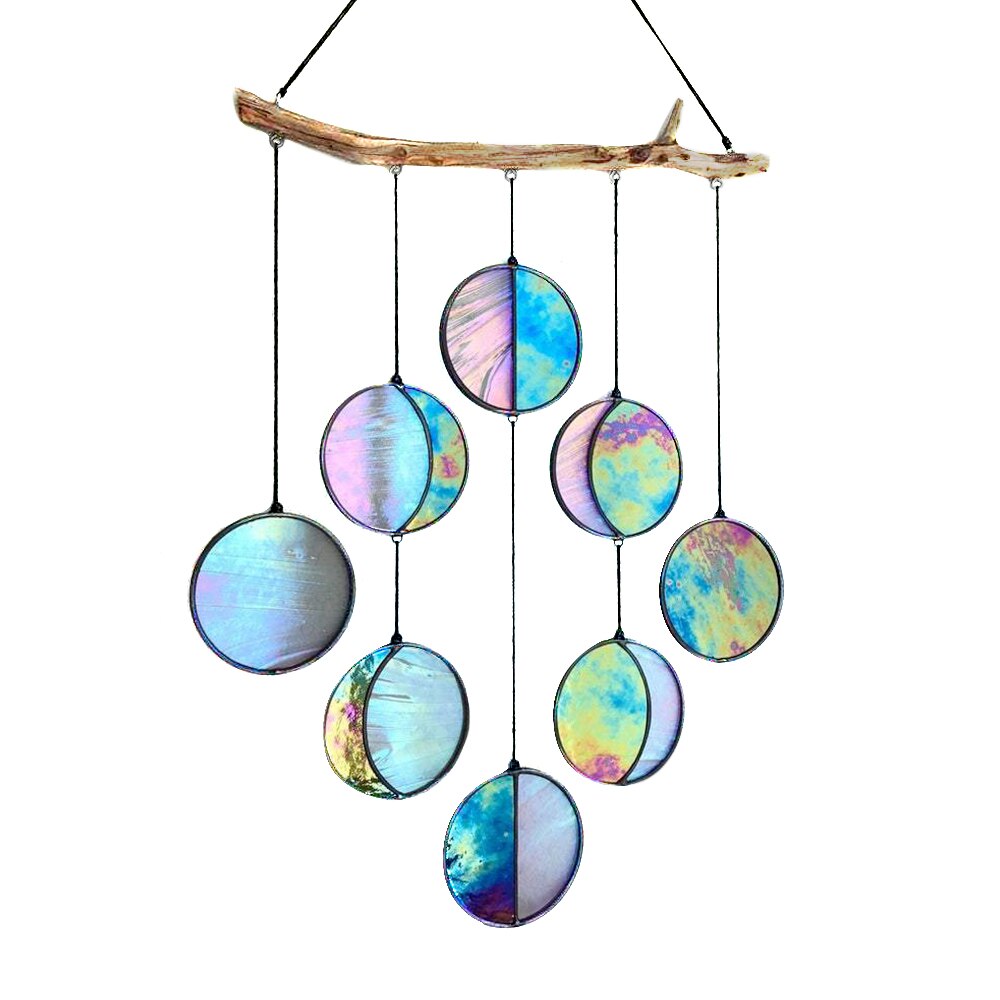 Decoración de pared de fase lunar, carillón de viento, plexiglás tintado, transparente y arcoíris, iridizado, fase lunar, colgante de arte Celestial