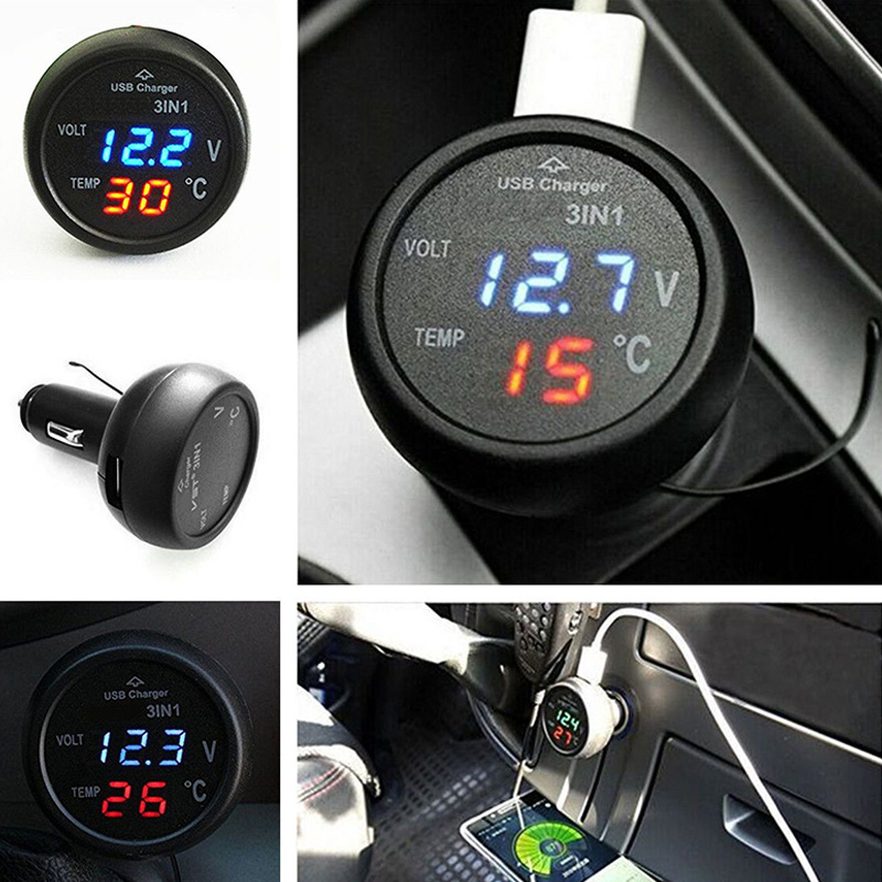 3 in 1 Digitale LED Auto Voltmeter Thermometer Auto USB Lader 12 v/24 v Temperatuur Meter Voltmeter draagbare XNC