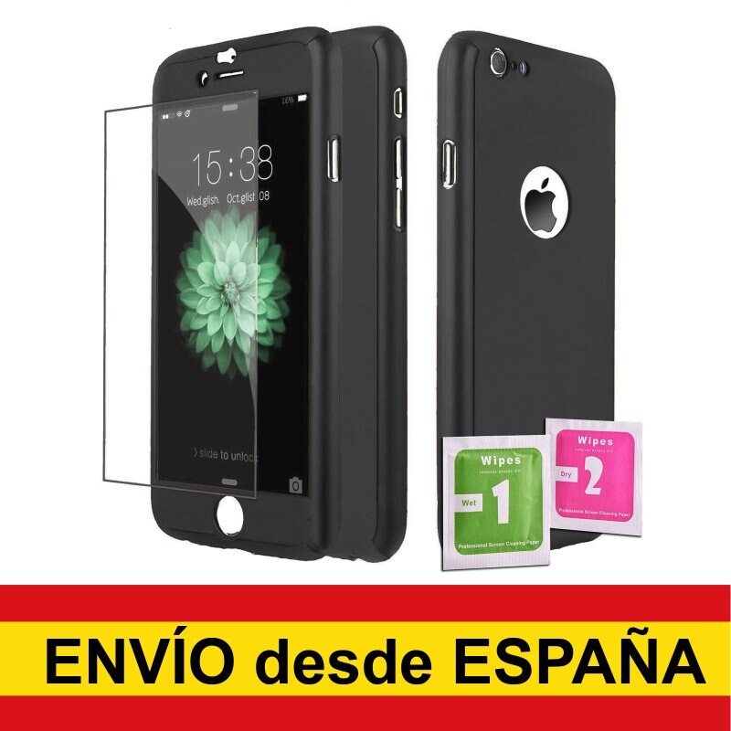 Funda 360° Hibrida para IPHONE 6 / 6S NEGRO + Cristal Templado Carcasa Delantera y Trasera máxima