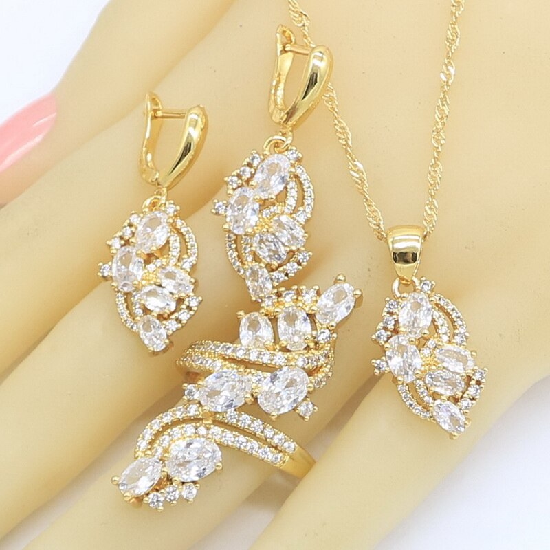 Charmante paarse zirkoon gouden sieraden sets voor vrouwen bruiloft oorbellen ketting hanger ringen doos: Wit / 7