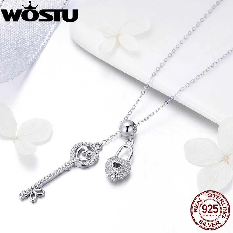 WOSTU Luxury 925 Sterling Silver The Key of Heart Lock Pendant Necklace For Women Girlfriend Wife Jewelry CQN290