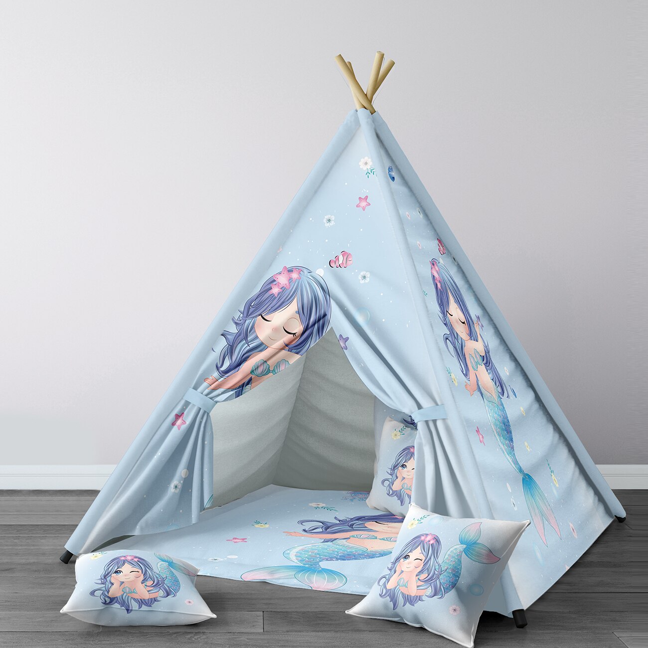 Spielzelt für kinder, wigwam, tragbares indoor-spielzelt für kinderzimmer, hellblaues meerjungfrauen-fisch-modell 249