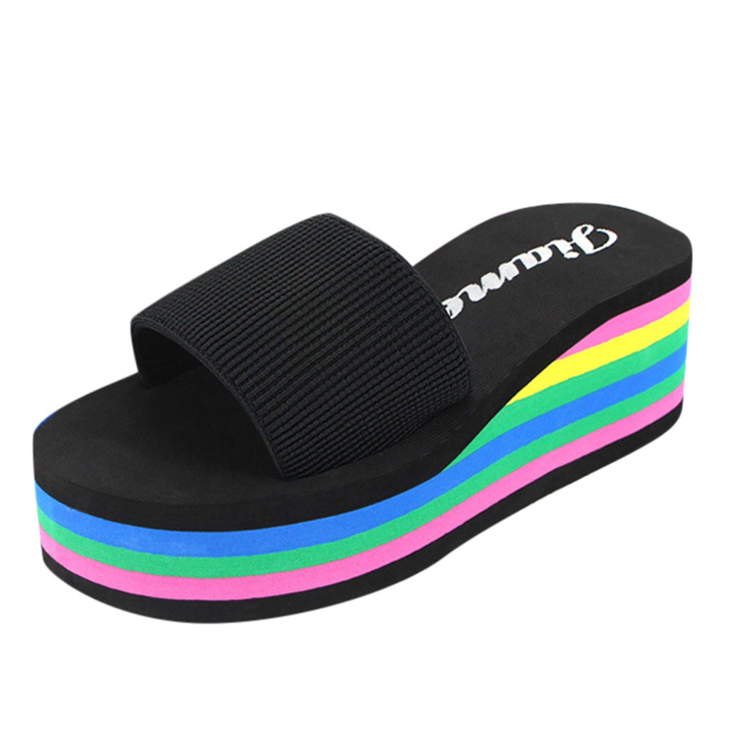 Women's Platform Bath Slippers Wedge Beach Shoes High Thick-Soled Heel Sandals Flops Sandalias Mujer: Black / 38