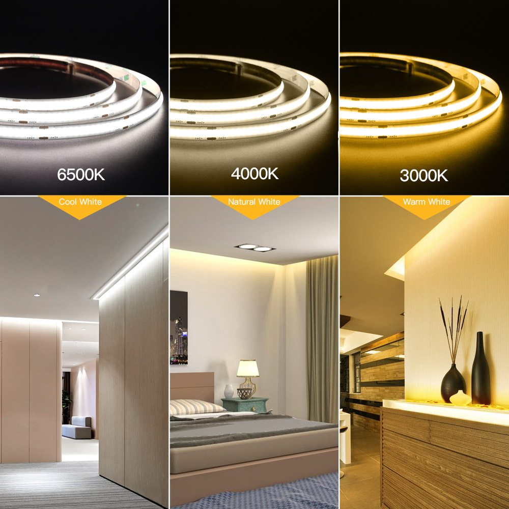 OCONA 5m COB LED Strip Light 8mm High CRI Ra90 Flexible 480 LED Tape Lights Ribbon 12V 24V Warm White Dimmable 5000K