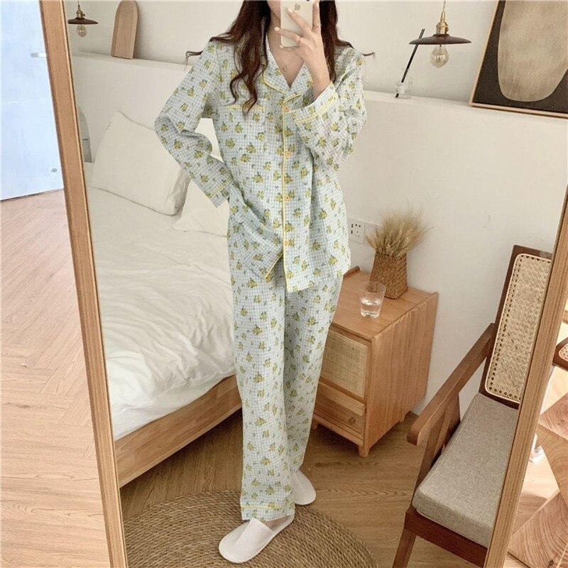 Pijama de algodón para mujer, ropa de dormir con estampado Floral coreana, conjunto de 2 piezas, para el hogar, Primavera