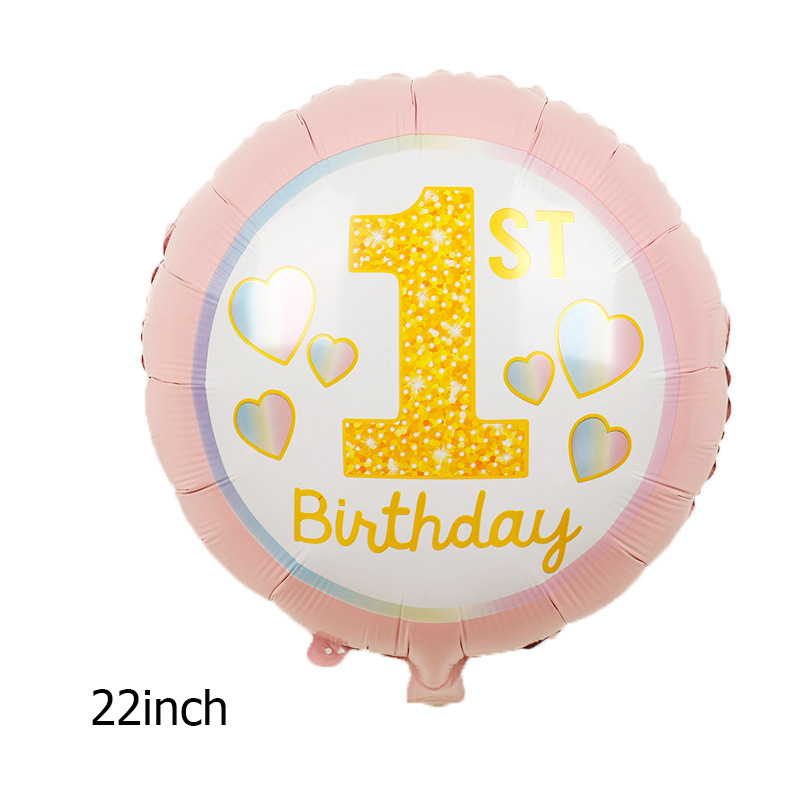 18/22inch Round 1st Birthday Balloon Baby Boy Girl First Birthday Foil Mylar Helium Air Ball Kids Baby Party Set Decorations: D