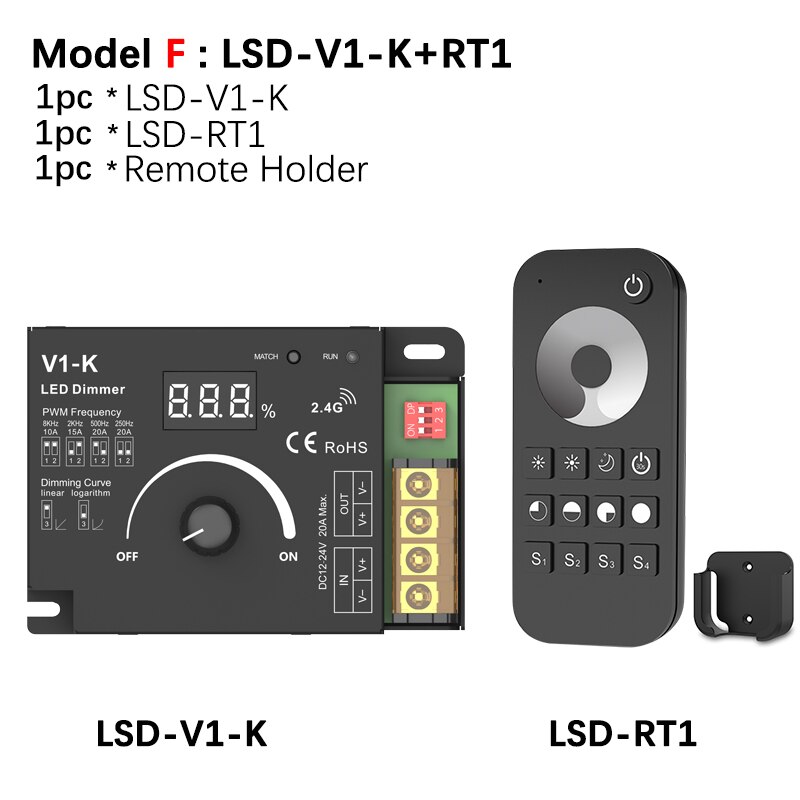 Rotary LED Dimmer DC 12V 24V PWM Wireless Frequency Adjustable 20A Single Color LED Strip Controller Knob 12 Volt Dimmer Switch: Model F
