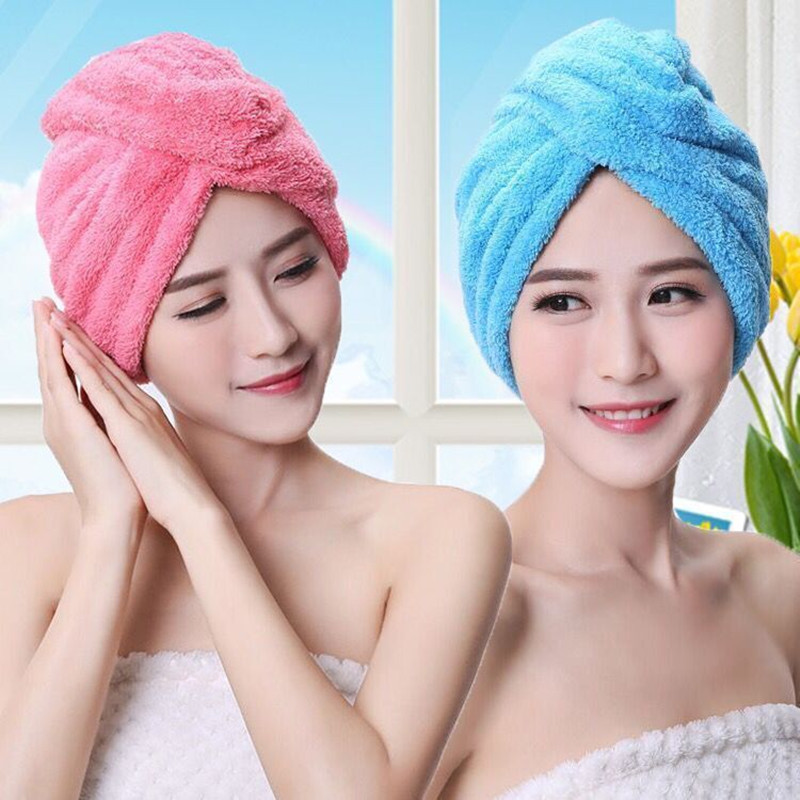 Toalla de baño de terciopelo Coral para cabello seco turbante de secado rápido de microfibra superabsorbente para mujer gorro de pelo envuelto con botón grueso