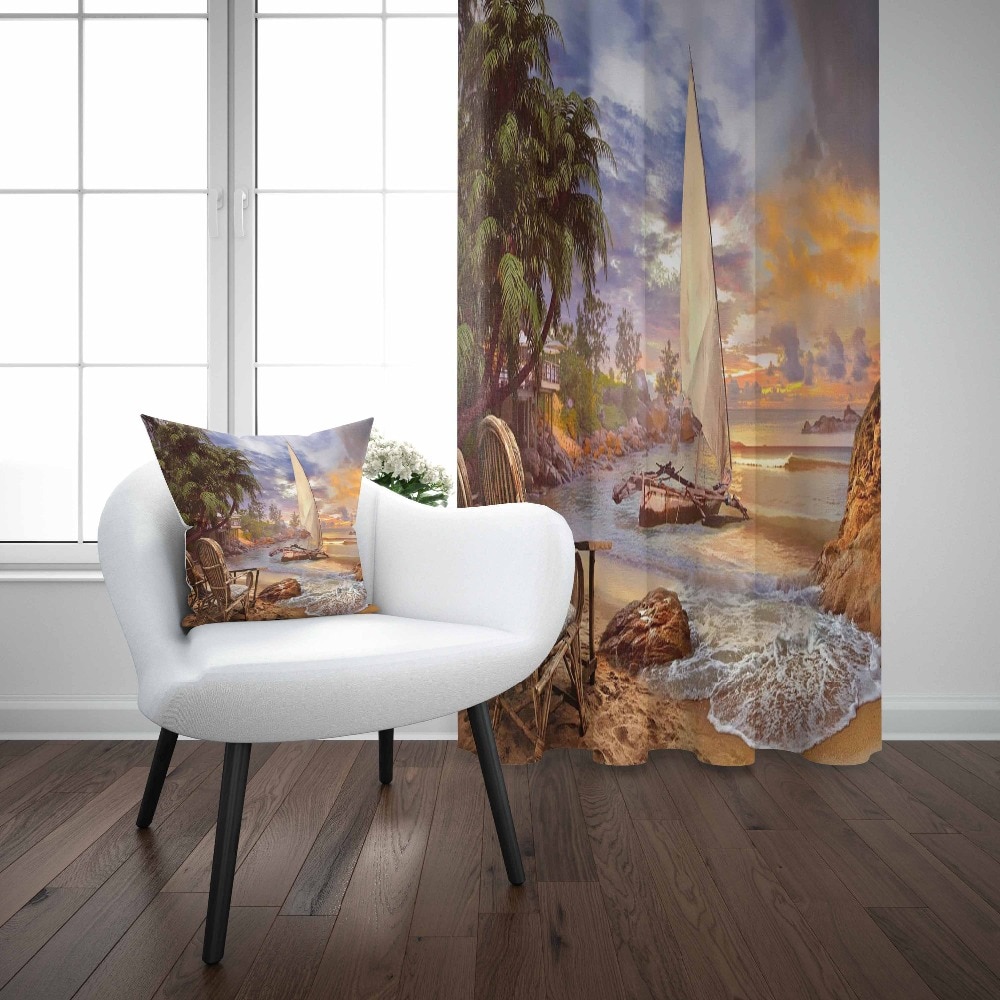Else Tropical Beach Sand Sea Ship Green Palm Tree 3d Print Living Room Bedroom Window Panel Curtain Combine Pillow Case