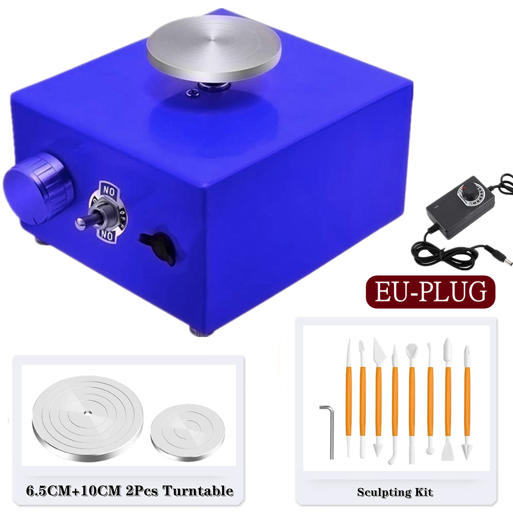 Mini máquina eléctrica de rueda de cerámica para manualidades, rueda de cerámica, herramientas de arcilla, tocadiscos con bandeja y Kit de escultura de 6,5 + 10CM: Blue EU-PLUG