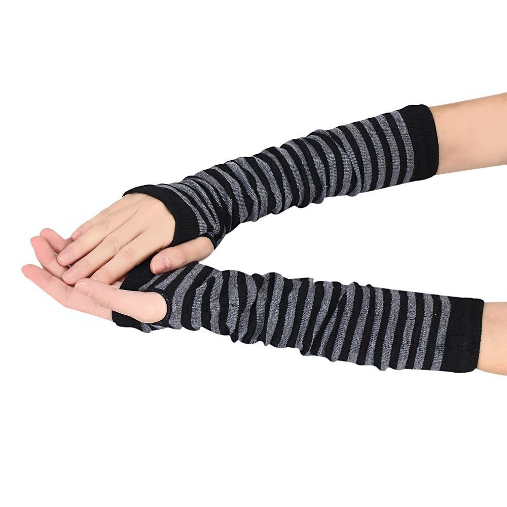 Calentadores de brazo para mujer, manoplas cálidas sin dedos en negro, gris y blanco, de punto, largo, algodón, longitud: 35 cm, 1 par: black grey
