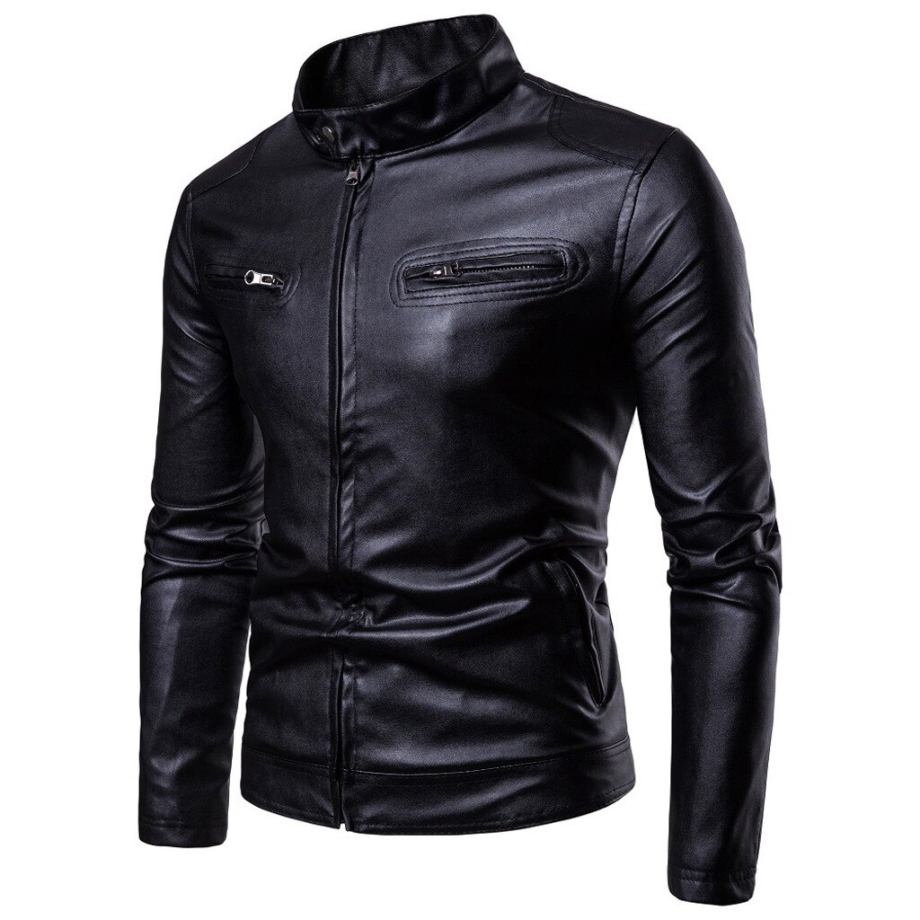Mens Biker Moto Jacket Stand Collar Motorcycle Faux Leather Casual Jackets Male Black PU Coat Long Sleeve Large Size 3xl
