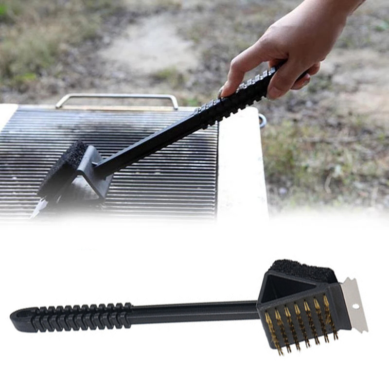 3 In 1 Driehoek Koperdraad Barbecue Grill Oven Borstel + Rvs Schraper + Spons Bbq Gadget
