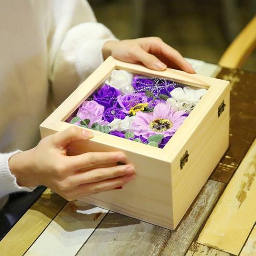 Træ låsbar kasse glas top display sag blomst / håndværk emballage kasse