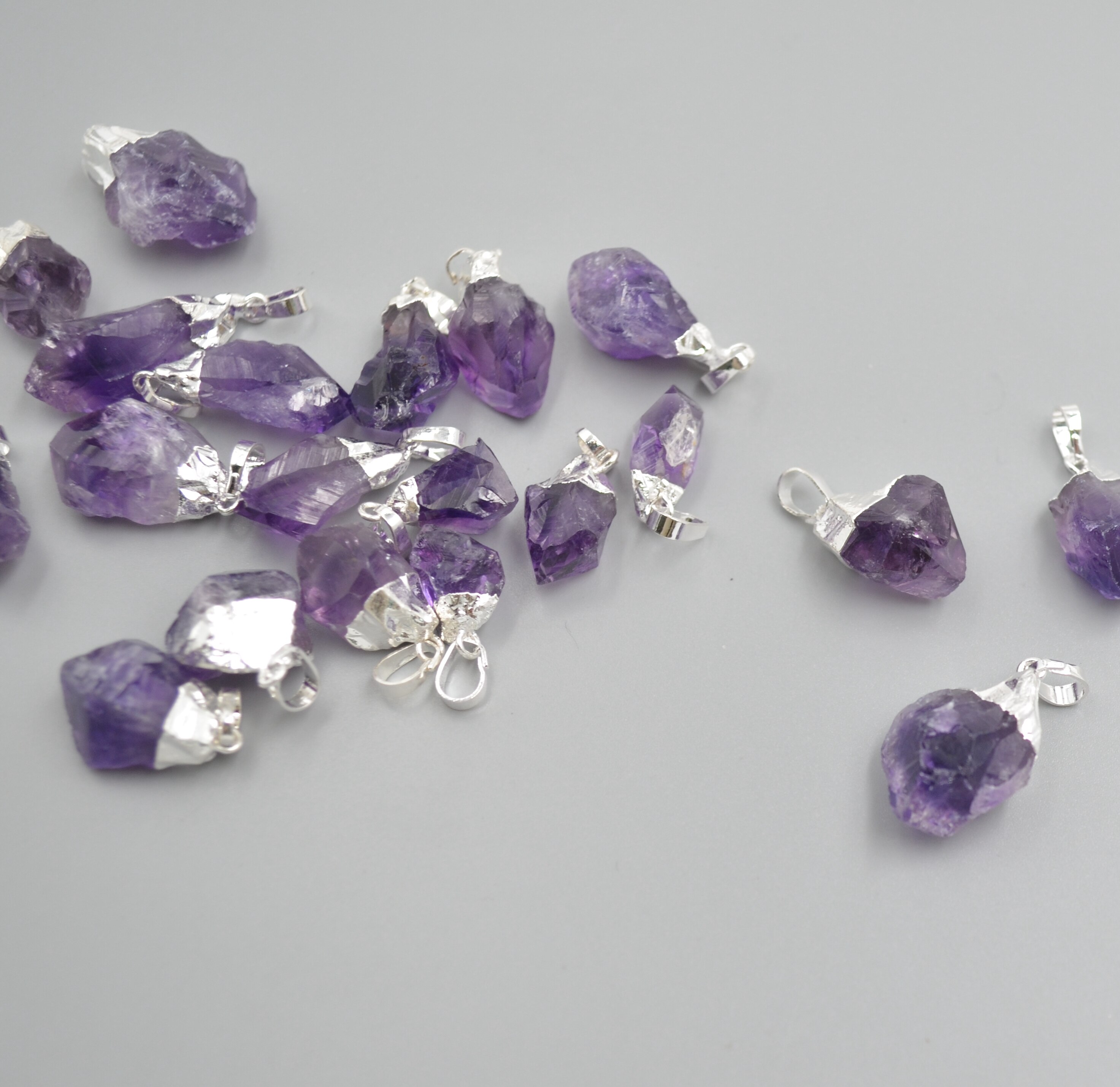 Amethysts agates pendants with silvery electroplated ,purple crystral quartz charms