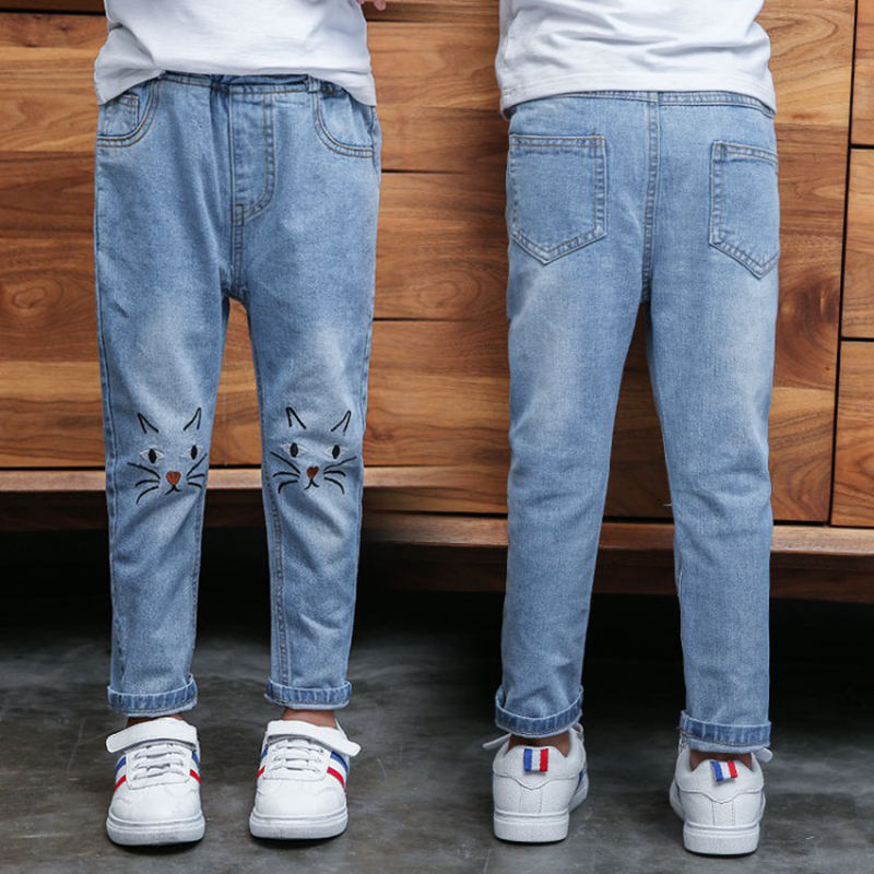 Primavera , pantalones vaqueros para niñas, pantalones con bordado de gato de dibujos animados, ropa de otoño para niñas, pantalones vaqueros para niños, ropa para adolescentes