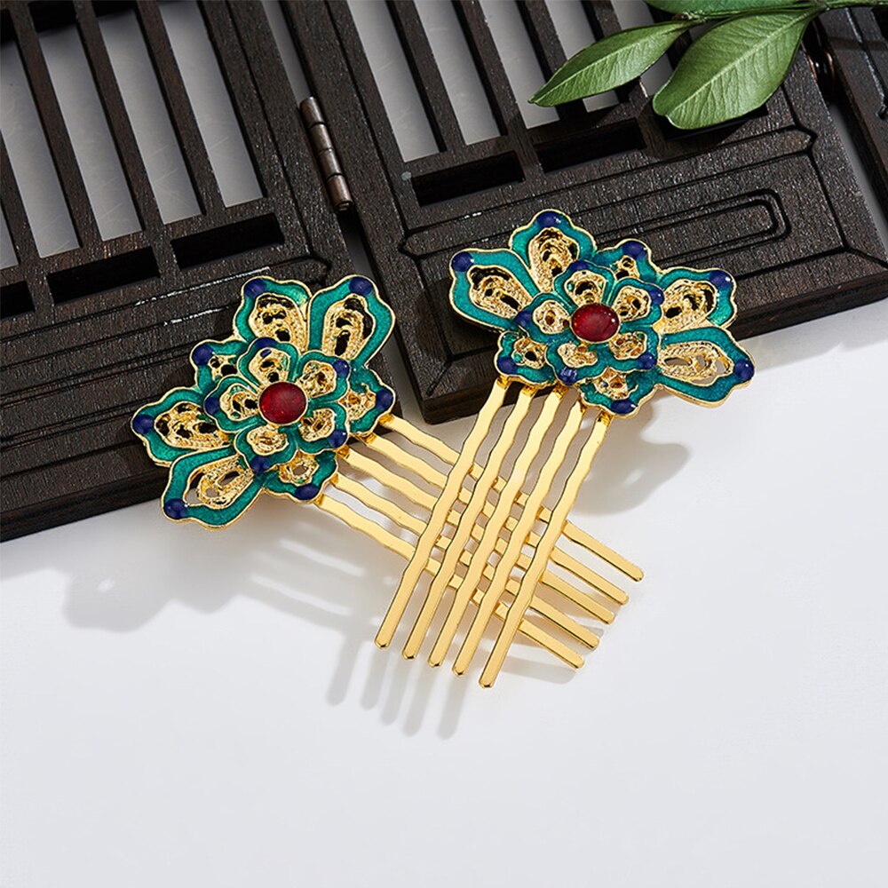 Chinese Hanfu Hair Comb Traditional Classical Style Hairpin Cloisonne Wedding Blue Green Lotus Hair Accessories