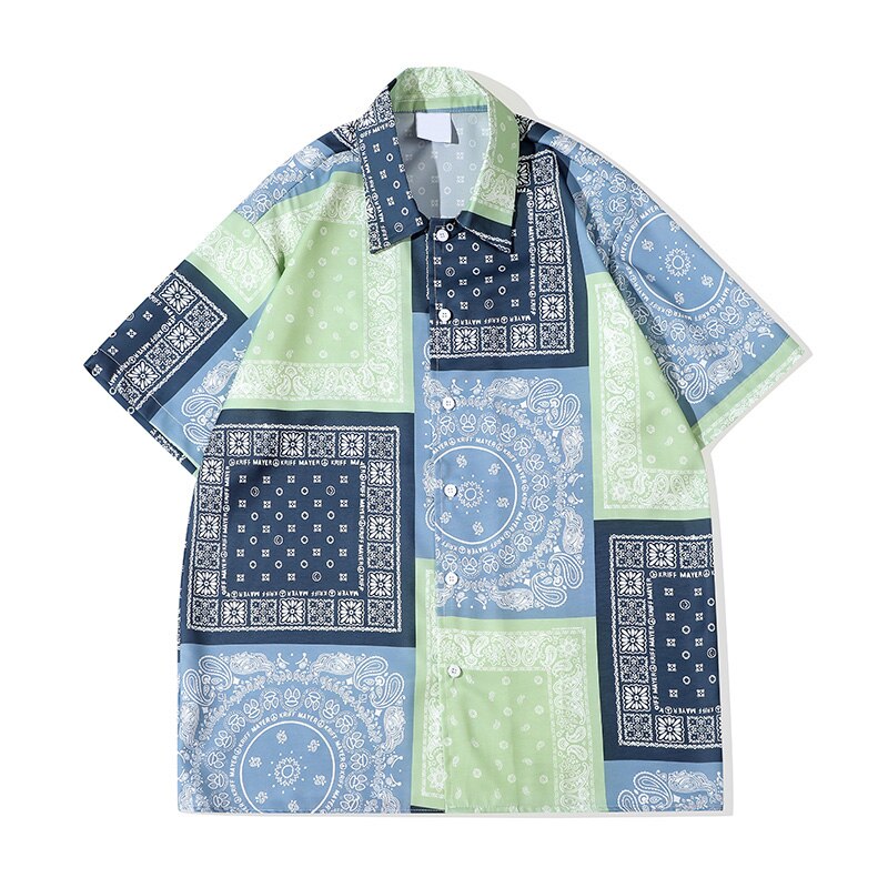 Dark Icon Green Blue Bandana Patchwork Hawaiian Shirt Men Turn-down Collar Men's Shirts: XL