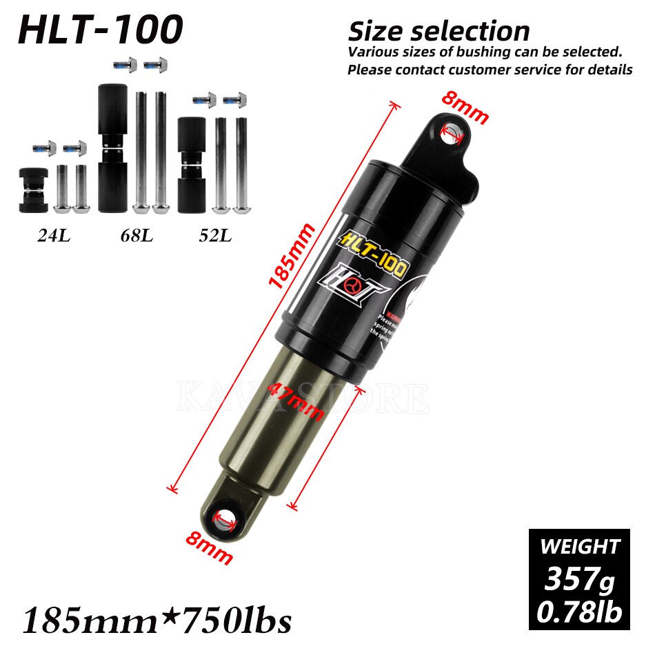 HLT-100 Mountain bicycle Rear Shocks 125/150/165/185mm 850/1000 lbs Aluminum alloy Oil Spring Shock for e-bike Snow Bike: 185mm x 750lbs