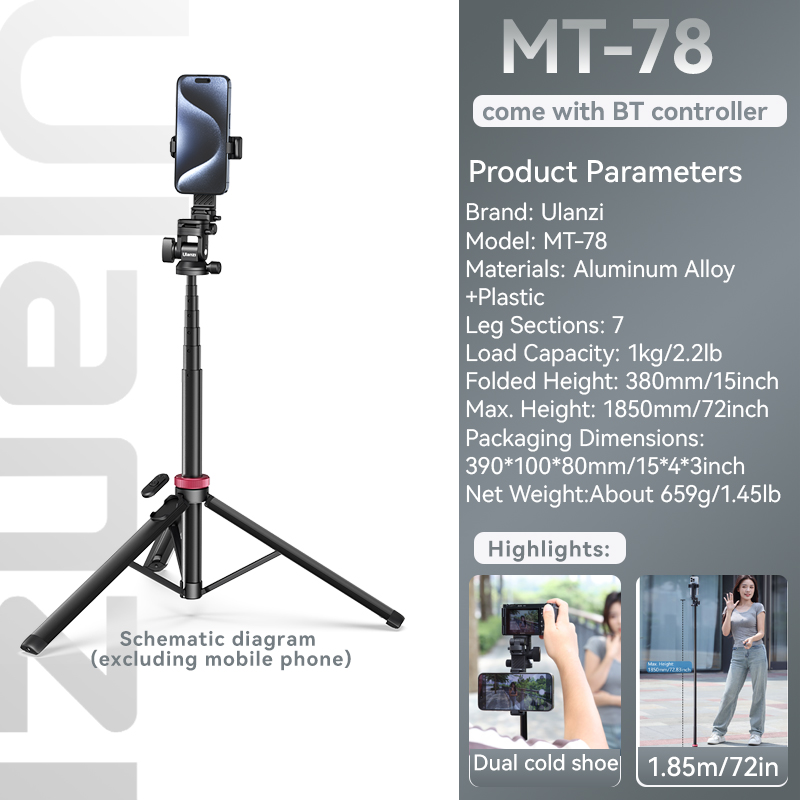 Ulanzi MT-78 Phone Tripod With Bluetooth Remote Controller Double Cold Shoe Quick Disassembly Gimbal 1/4 Screw For DSLR Camera: Default Title