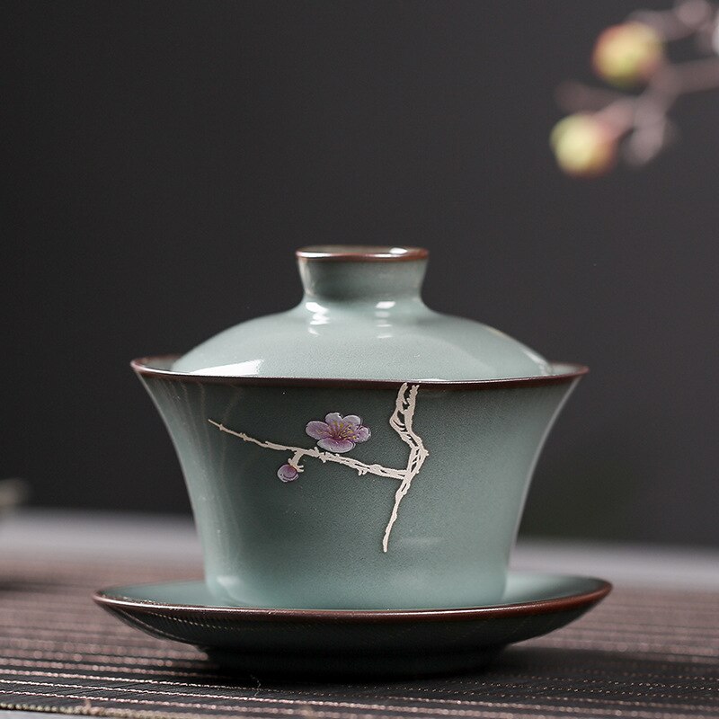 Longquan celadon cover bowl single bubble teacup ice crack kung fu tea set three cups large bowl ceramic: Ji LAN