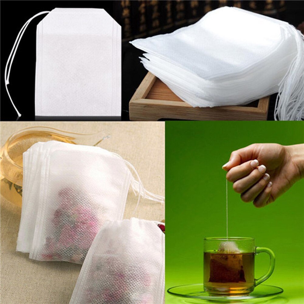 Bolsa de té vacía desechable 100 Uds., bolsa de té con cordón, ingredientes, filtro para especias, tela blanca, bolsas de filtrado de té con flores, Theezakjes