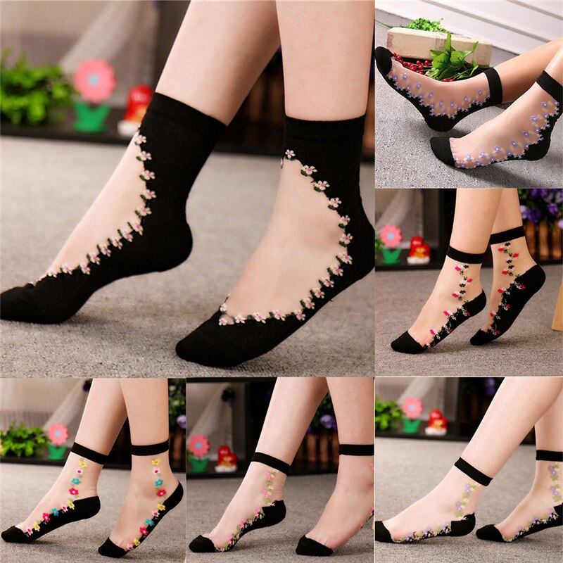 1Pair Women Soft Sheer Silk Cotton Elastic Mesh Knit Transparent Flower Lace Ankle Sock