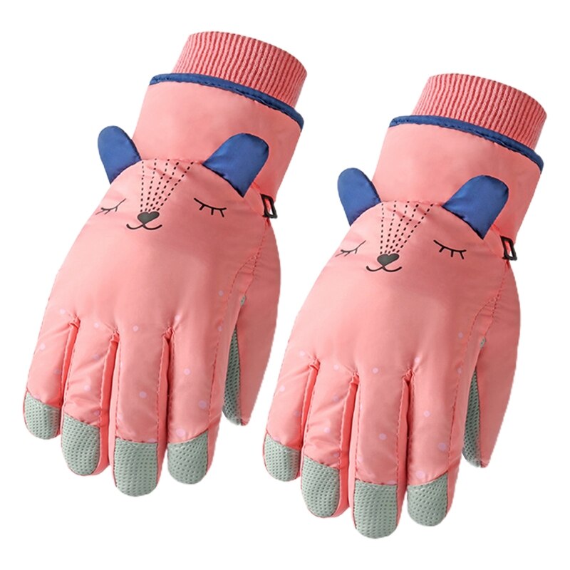 Kids Winter Waterproof Snow Gloves Cartoon Ears Thermal Insulated Ski Mittens: Red