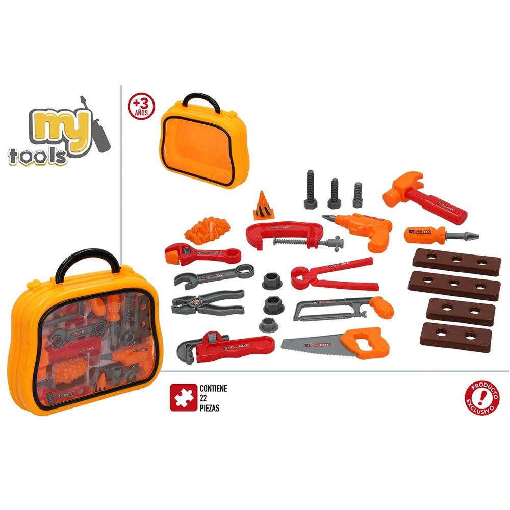 Colorbaby-Tool Case Speelgoed, 23 Stuks: Speelgoed Boor, Saw, Tangen, Schroevendraaiers, Noten, schroeven,