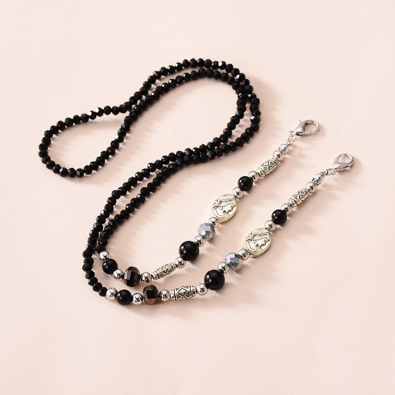 Dowaka Black Crystal Beaded Mask Chain Holder Anti-Lost Hanging Rope Long Necklace Chains Neck Strap String Layers Bracelet