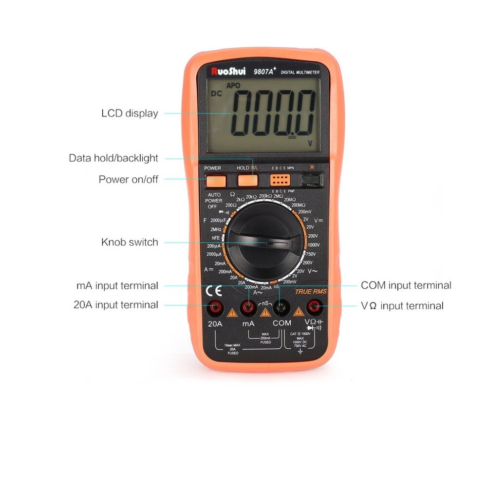 9807A+ Digital Multimeter 19999 Counts True RMS AC/DC Volt Amp Ohm Capacitance Frequency Diode hFE Continuity Tester