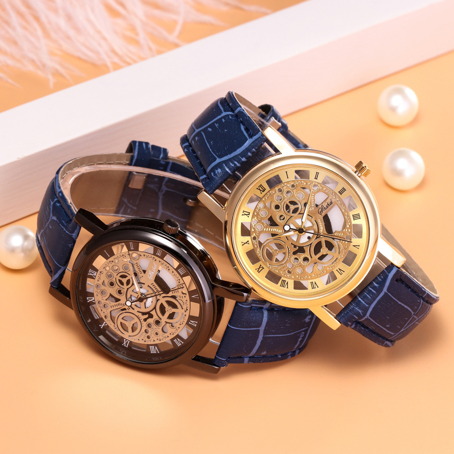 Foloy Watch For Men PU Leather Band Hollowing out Analog Alloy Quartz Wrist Watches Men Watch Clock