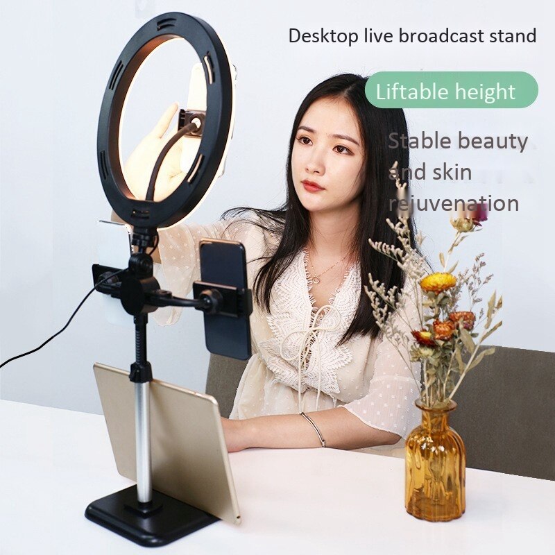 Mobile Phone Live Broadcast Stand Tablet Desktop Three-Position Retractable Holder with 10-Inch Ring Light