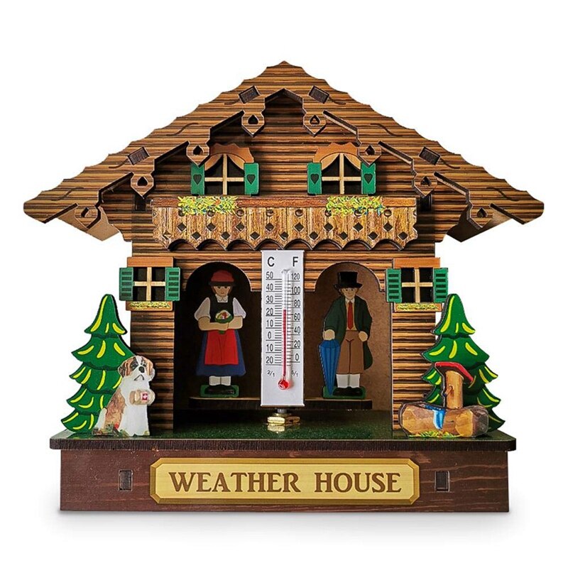 Weer Huis, Bos Weer Huis Met Man En Vrouw, hout Chalet Barometer Thermometer En Hygrometer Woondecoratie Muur Ha
