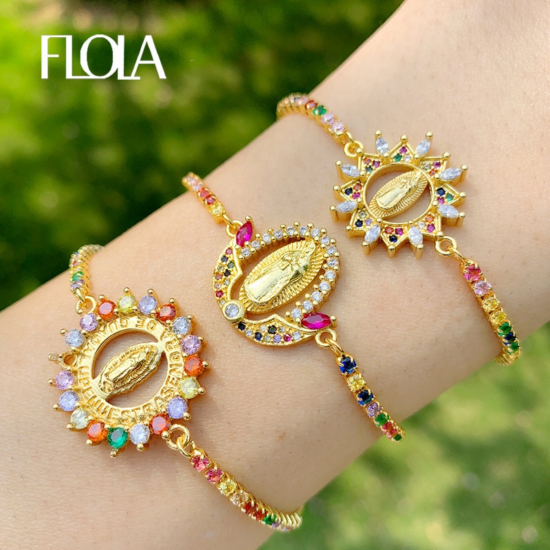 FLOLA multicolore vierge marie Bracelets pour femme cristal Bracelets pendentif or chrétien bijoux virgen de guadalupe brtc09