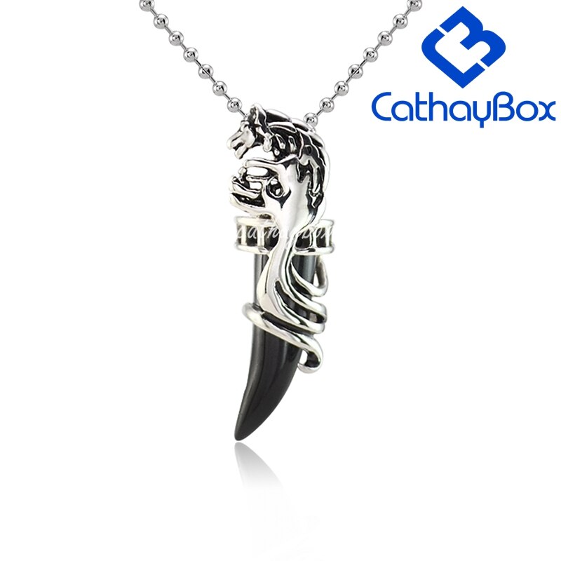 Black Enamel Stainless Steel Wolf Tooth Horn Charm Pendant Necklace W/SSChain 60cm