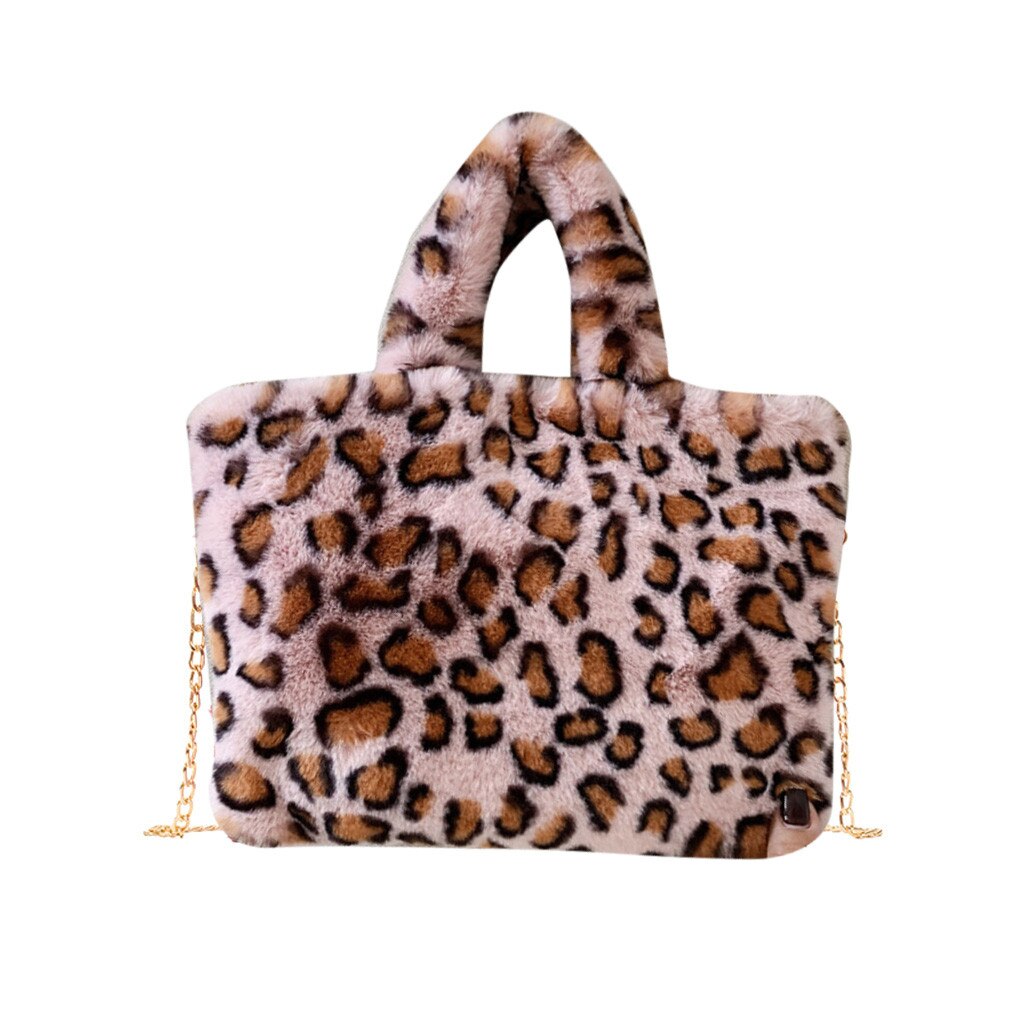 Woman Messenger Bags Chains Leopard Pattern Plush Handbags Autumn Winter Women Cute Fluffy Crossbody Bag: Pink