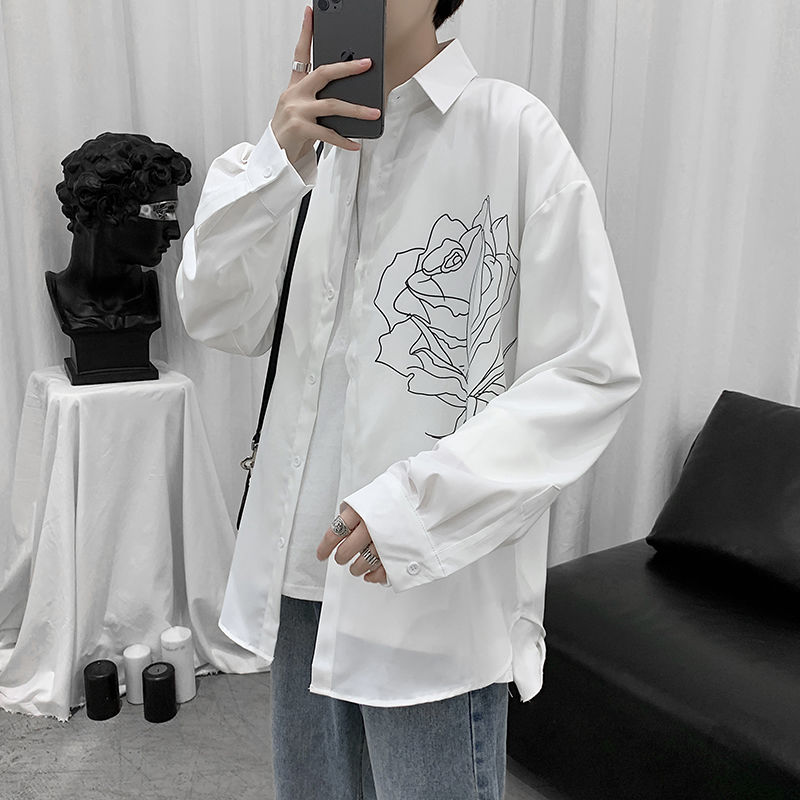 Homme chemises imprimé Simple tourner vers le bas col Simple boutonnage décontracté ample hauts pour hommes stylé tout-match Ulzzang Chic Streetwear homme: C04-white / L