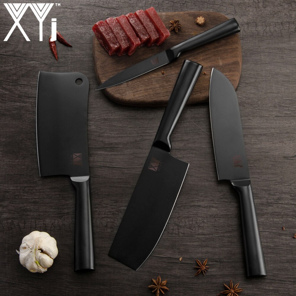 XYj 4pcs Kitchen Chopping Knife Set High Carbon Stainless Steel Santoku Utility Knife All Black Kitchen Tool Cooking Gadgets