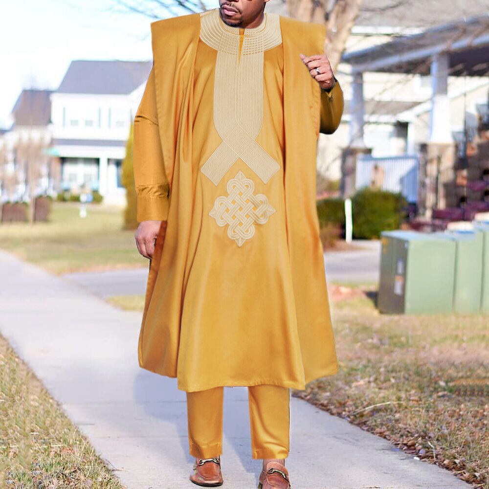 H & d africano homem dashiki branco roupas 3 pçs agbada terno robe camisa calças conjunto brilhante bordado traje de festa boubou homme ph901
