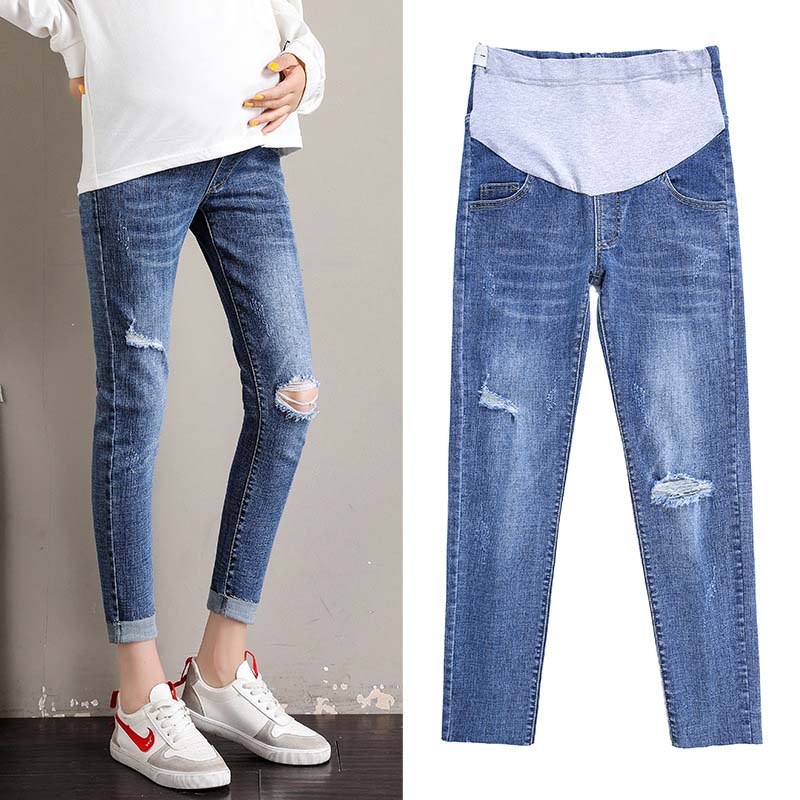 Retro denim hul jeans barsel bukser til gravide afslappet høj talje stretch graviditet jeans bukser barsel tøj