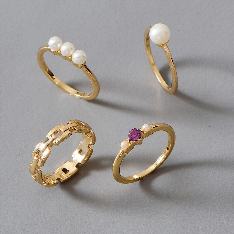 4 Stks/set Bohemen Blad Bloem Crystal Pearl Open Knuckle Gold Ring Vrouwen Ringen Set Wedding Party Sieraden