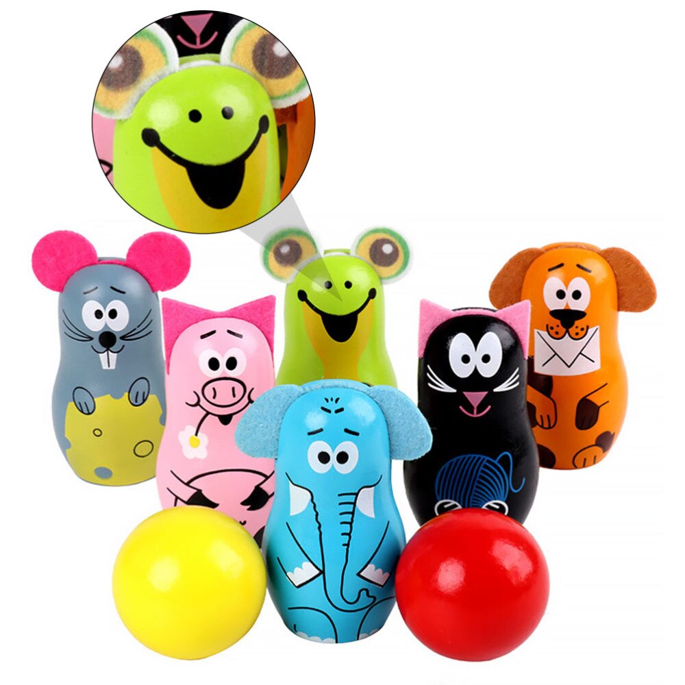 1 Set Children Bowling Set Wooden Bowling Games Cartoon Bowling