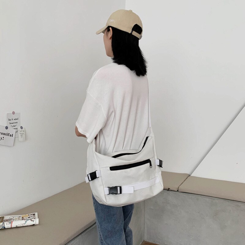 Women Canvas Messenger Bag Long Strap Cross Body Bags Eco Folding Cloth Handbag Large Capacity Zipper Purse For Ladies: White