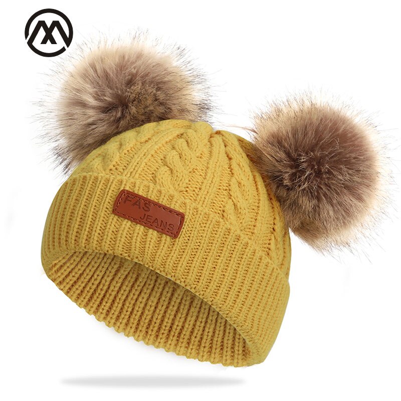 Cute baby child winter cotton hat outdoor leisure hair ball knit hat boy girl label thickening comfortable baby hat